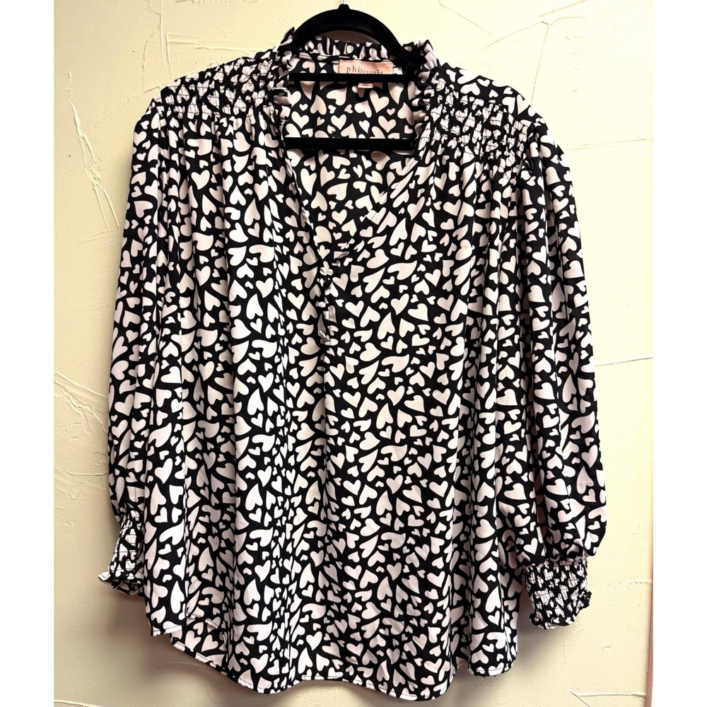 Philosophy Woman Blouse 3X Black White Abstract Print Smocked Boho Tunic Top